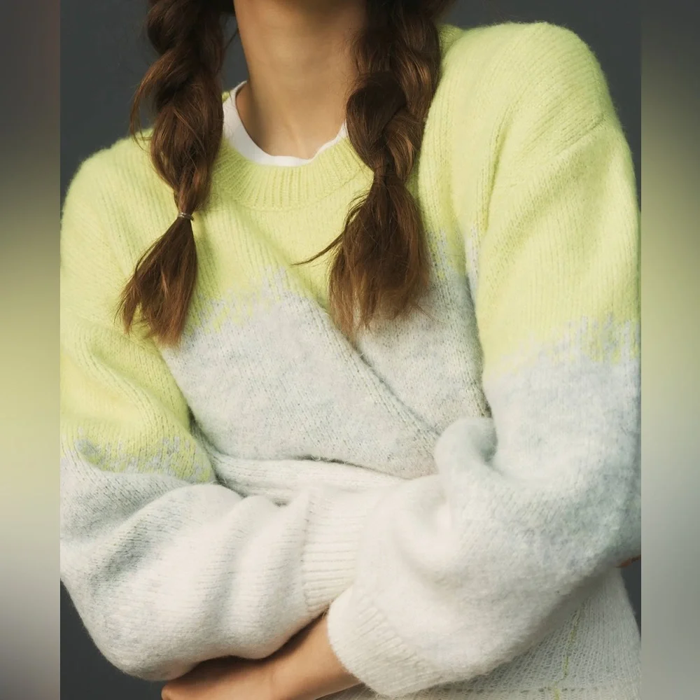 Anthropologie Maeve Green Grey White Neon Gradient Pullover Sweater size small - Picture 4 of 7